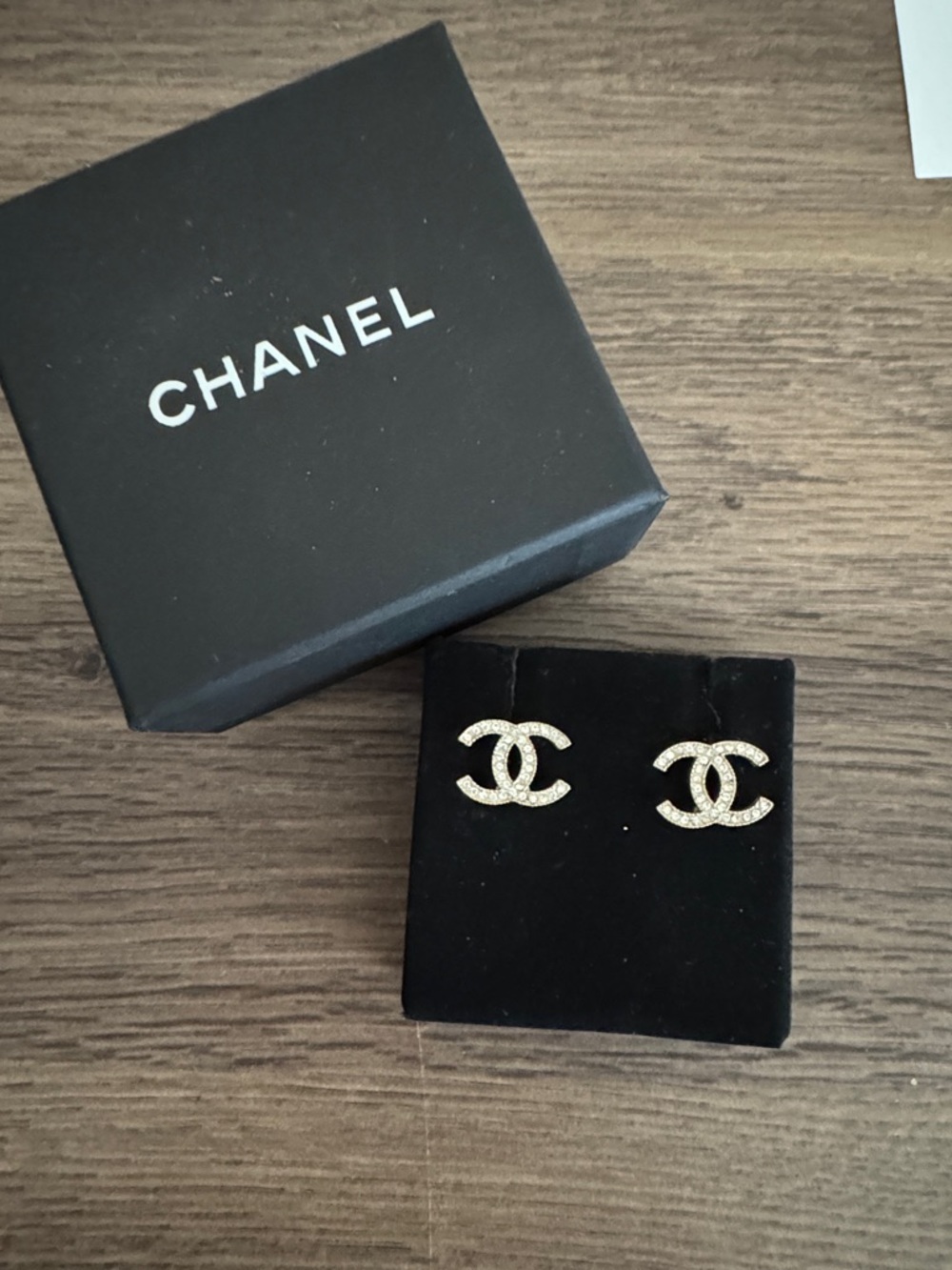 CHANEL Gold Crystal CC Logo Stud Earrings